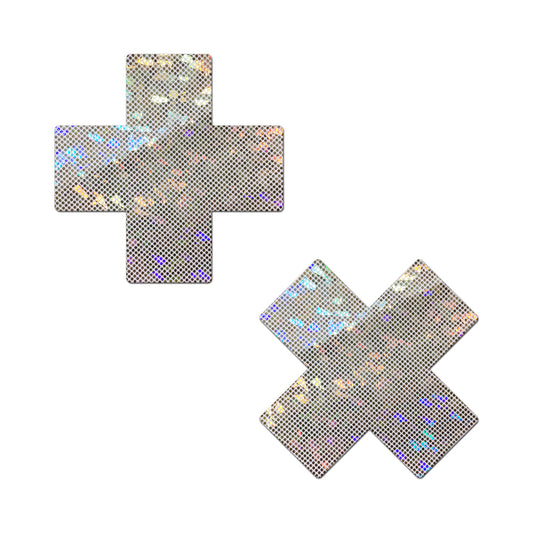PASTEASE - PLUS X SHATTERED GLASS DISCO BALL GLITTER WHITE CROSS NIPPLE PASTIES