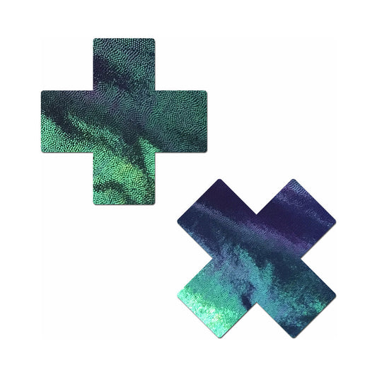 PASTEASE PLUS X LIQUID BLACK OPAL IRIDESCENT CROSS NIPPLE PASTIES