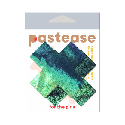 PASTEASE PLUS X LIQUID BLACK OPAL IRIDESCENT CROSS NIPPLE PASTIES