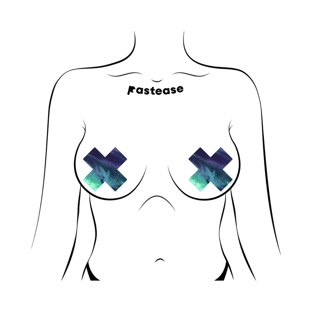 PASTEASE PLUS X LIQUID BLACK OPAL IRIDESCENT CROSS NIPPLE PASTIES