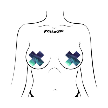 PASTEASE PLUS X LIQUID BLACK OPAL IRIDESCENT CROSS NIPPLE PASTIES