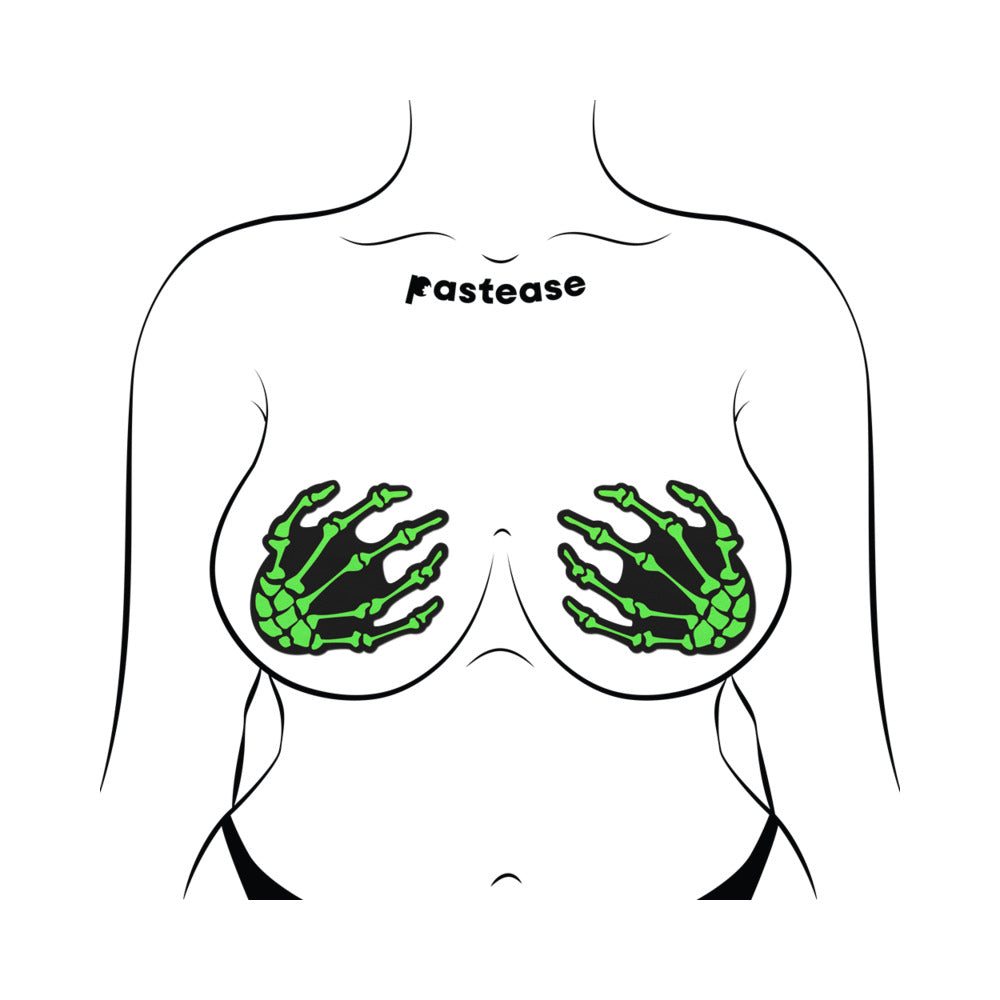 PASTEASE ZOMBIE NEON GREEN/UV REACTIVE BONEY HANDS NIPPLE PASTIES