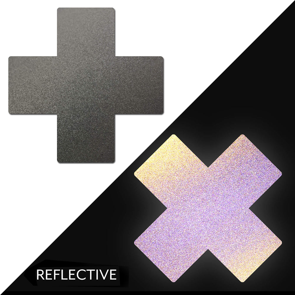 PASTEASE PLUS X REFLECTIVE GUN METAL GREY CROSS NIPPLE PASTIES