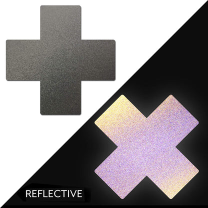 PASTEASE PLUS X REFLECTIVE GUN METAL GREY CROSS NIPPLE PASTIES