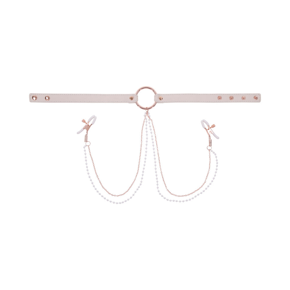 SPORTSHEETS SEX & MISCHIEF PEACHES ''N CREAME COLLAR WITH NIPPLE CLAMPS