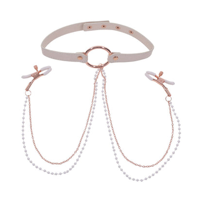 SPORTSHEETS SEX & MISCHIEF PEACHES ''N CREAME COLLAR WITH NIPPLE CLAMPS