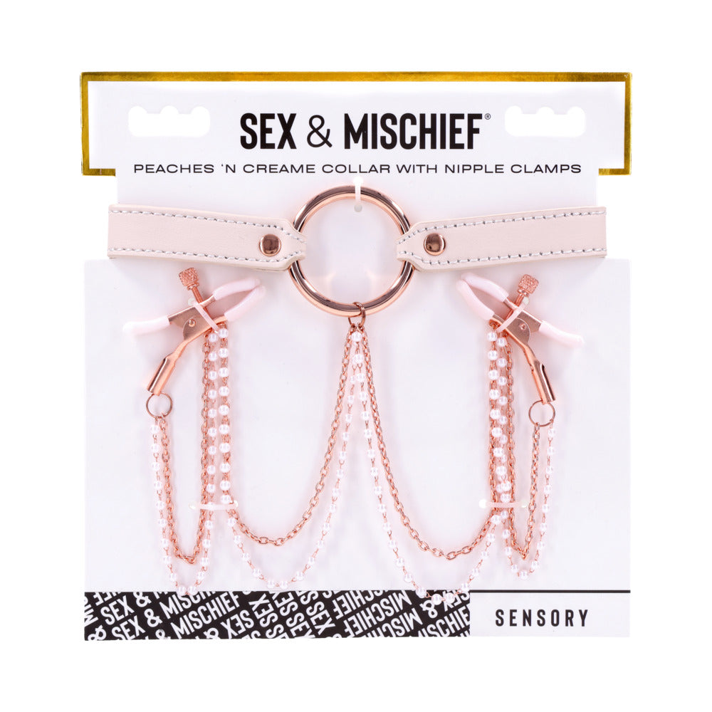 SPORTSHEETS SEX & MISCHIEF PEACHES ''N CREAME COLLAR WITH NIPPLE CLAMPS