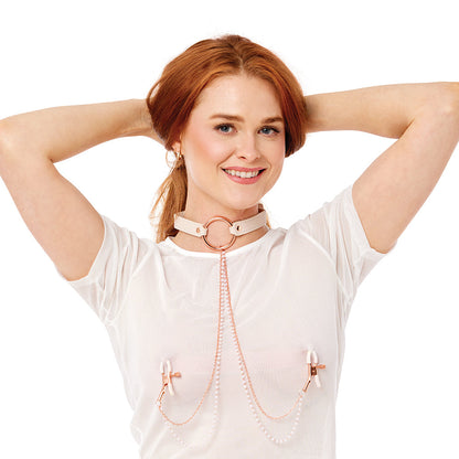 SPORTSHEETS SEX & MISCHIEF PEACHES ''N CREAME COLLAR WITH NIPPLE CLAMPS