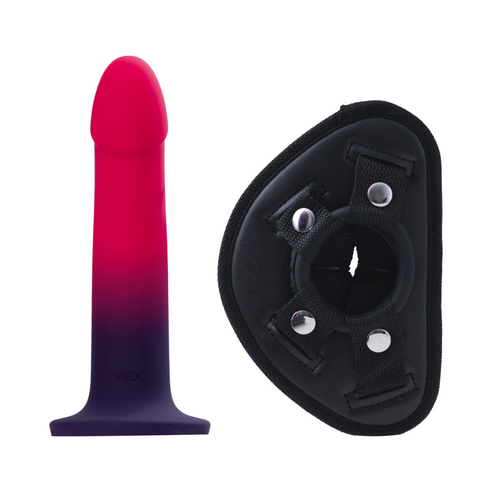 VEDO DUO SILICONE DILDO (NON-VIBRATING) WITH HARNESS PINK/PURPLE