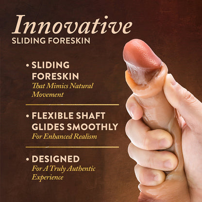 RENAISSANCE DAVINCI SLIDING FORESKIN DILDO WITH SQUEEZABLE BALLS 8 IN. TAN