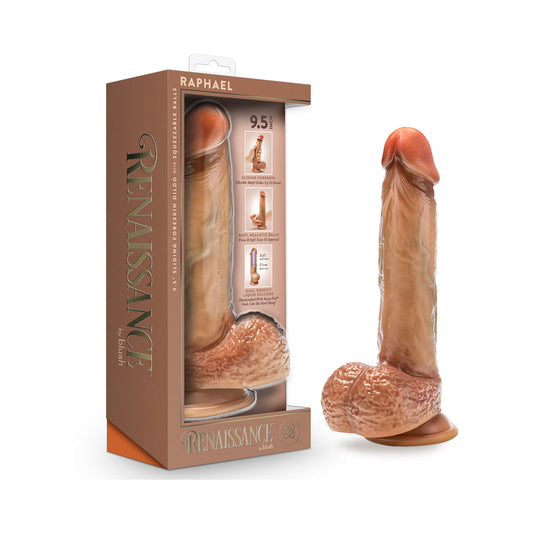 BLUSH - RENAISSANCE RAPHAEL SLIDING FORESKIN DILDO WITH SQUEEZABLE BALLS 9.5 IN. TAN