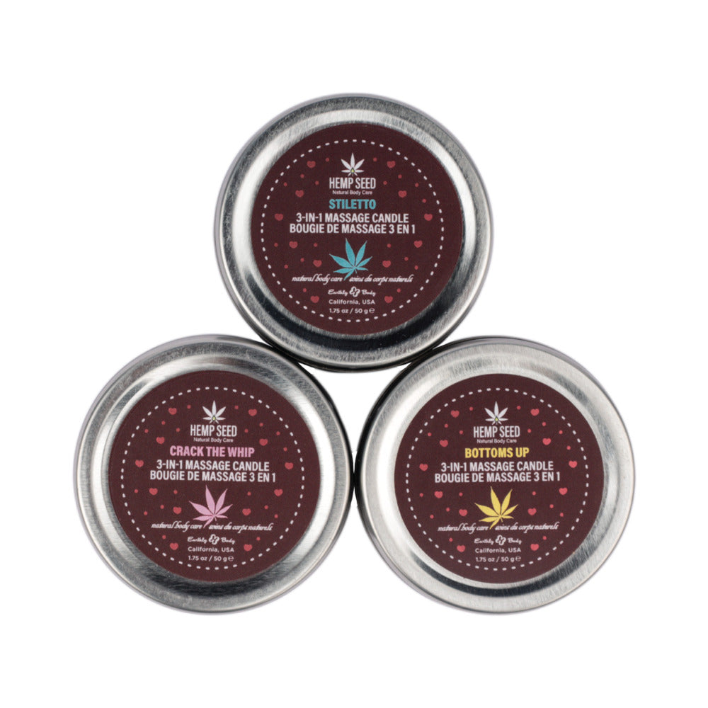 EARTHLY BODY HEMP SEED VALENTINE 2025 3-IN-1 MASSAGE CANDLE TRIO GIFT SET
