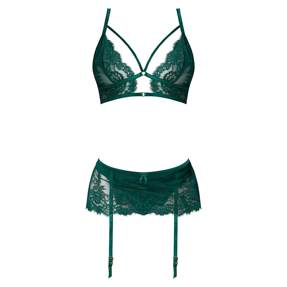 MAGIC SILK EVERMORE BRALETTE, GARTER SKIRT & THONG SET EMERALD S/M