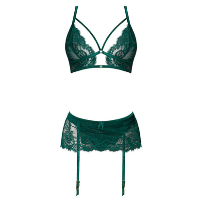 MAGIC SILK EVERMORE BRALETTE, GARTER SKIRT & THONG SET EMERALD S/M