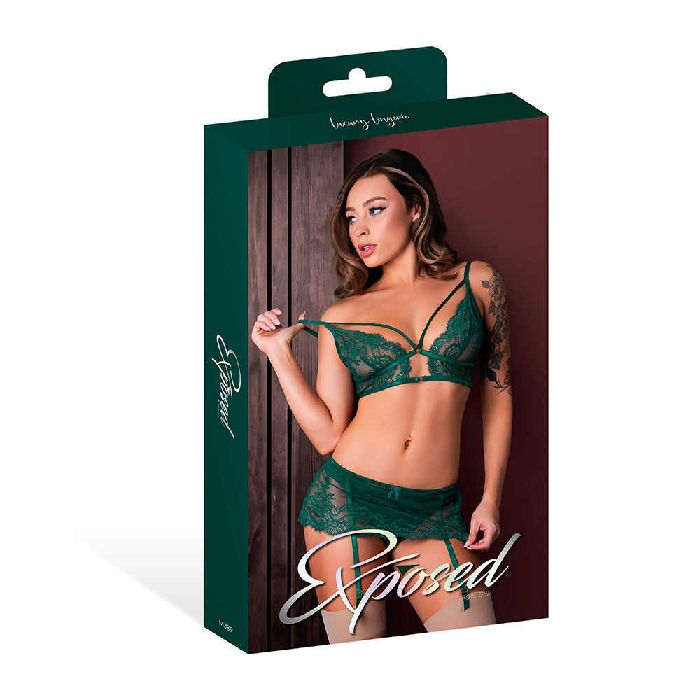 MAGIC SILK - EVERMORE BRALETTE, GARTER SKIRT & THONG SET EMERALD S/M
