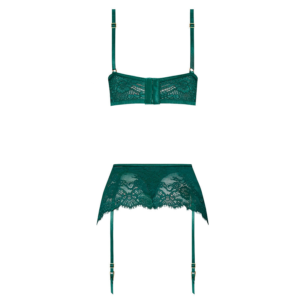 MAGIC SILK EVERMORE BRALETTE, GARTER SKIRT & THONG SET EMERALD QUEEN SIZE