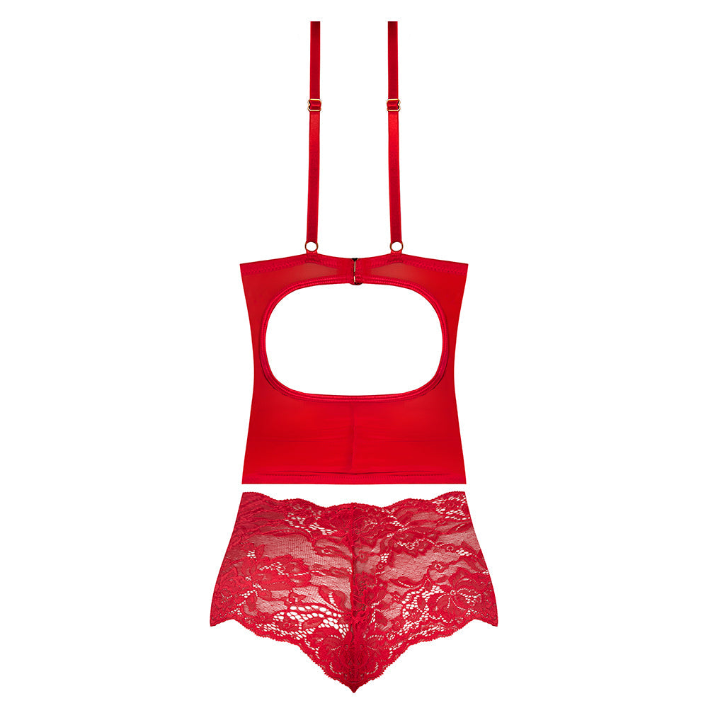MAGIC SILK SUGAR HIGH PLUNGE BUSTIER & BOY SHORT SET RED S/M