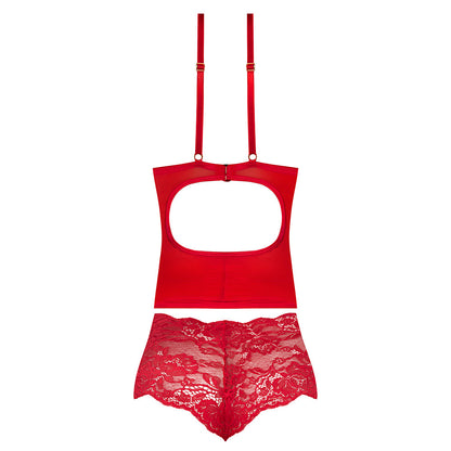 MAGIC SILK SUGAR HIGH PLUNGE BUSTIER & BOY SHORT SET RED S/M