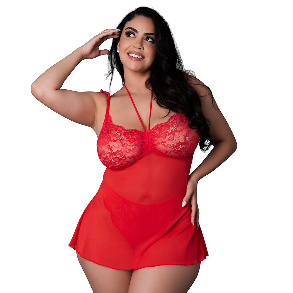 MAGIC SILK SUGAR HIGH BABYDOLL & THONG SET RED QUEEN SIZE