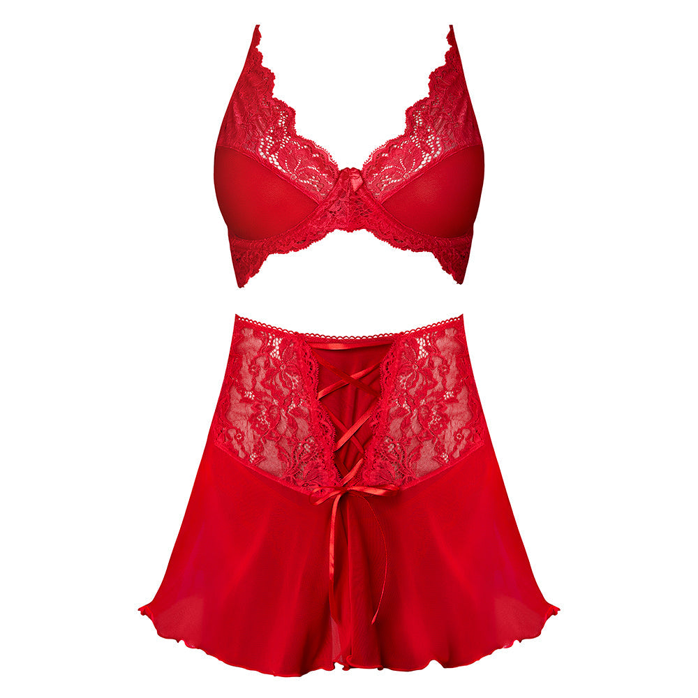 MAGIC SILK SUGAR HIGH BRALETTE, CINCHER SKIRT & THONG SET RED L/XL