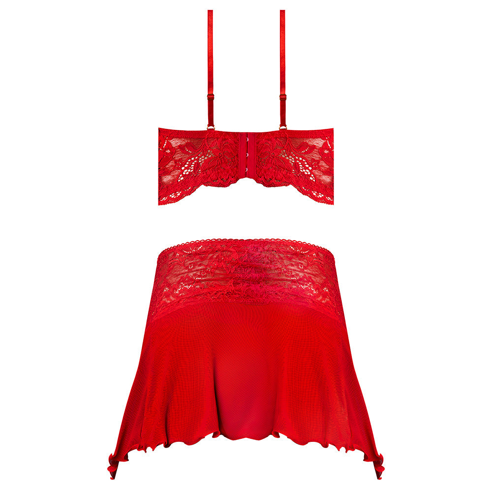 MAGIC SILK SUGAR HIGH BRALETTE, CINCHER SKIRT & THONG SET RED L/XL