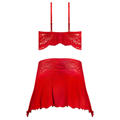 MAGIC SILK SUGAR HIGH BRALETTE, CINCHER SKIRT & THONG SET RED L/XL