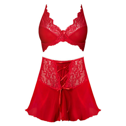 SUGAR HIGH BRALETTE, CINCHER SKIRT & THONG SET RED L/XL