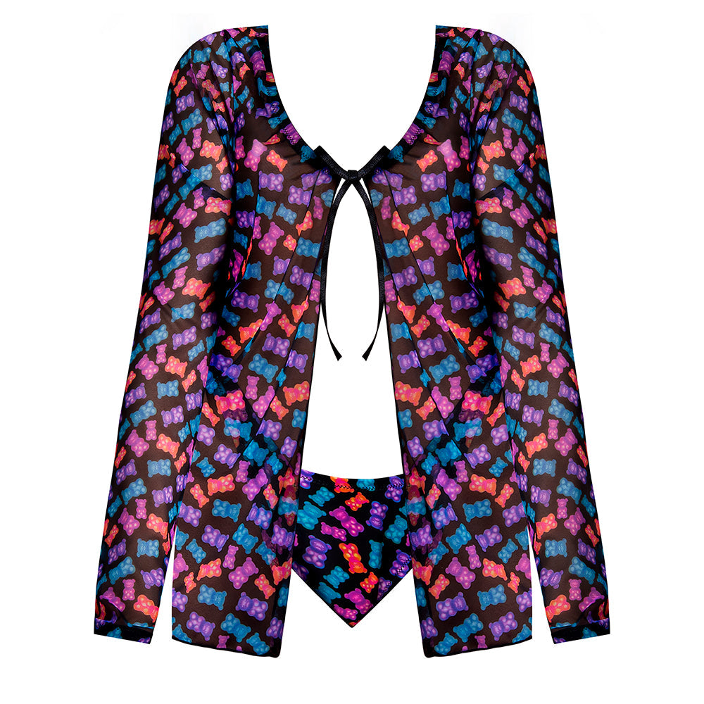 MAGIC SILK HAZY DAYZ TIE FRONT JACKET & THONG SET GUMMY BEARS S/M