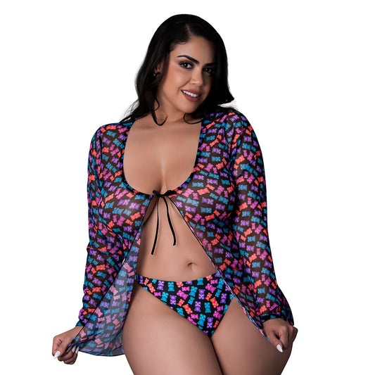 MAGIA DE SEDA - CHAMARRA CON NUDO AL FRENTE Y CONJUNTO DE TANGA HAZY DAYZ OSITOS DE GOMA TALLA QUEEN