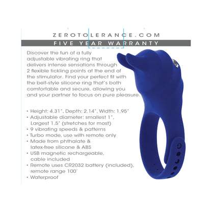 ZERO TOLERANCE ADJUSTABLE FUN RING RECHARGEABLE VIBRATING C-RING WITH REMOTE SILICONE BLUE