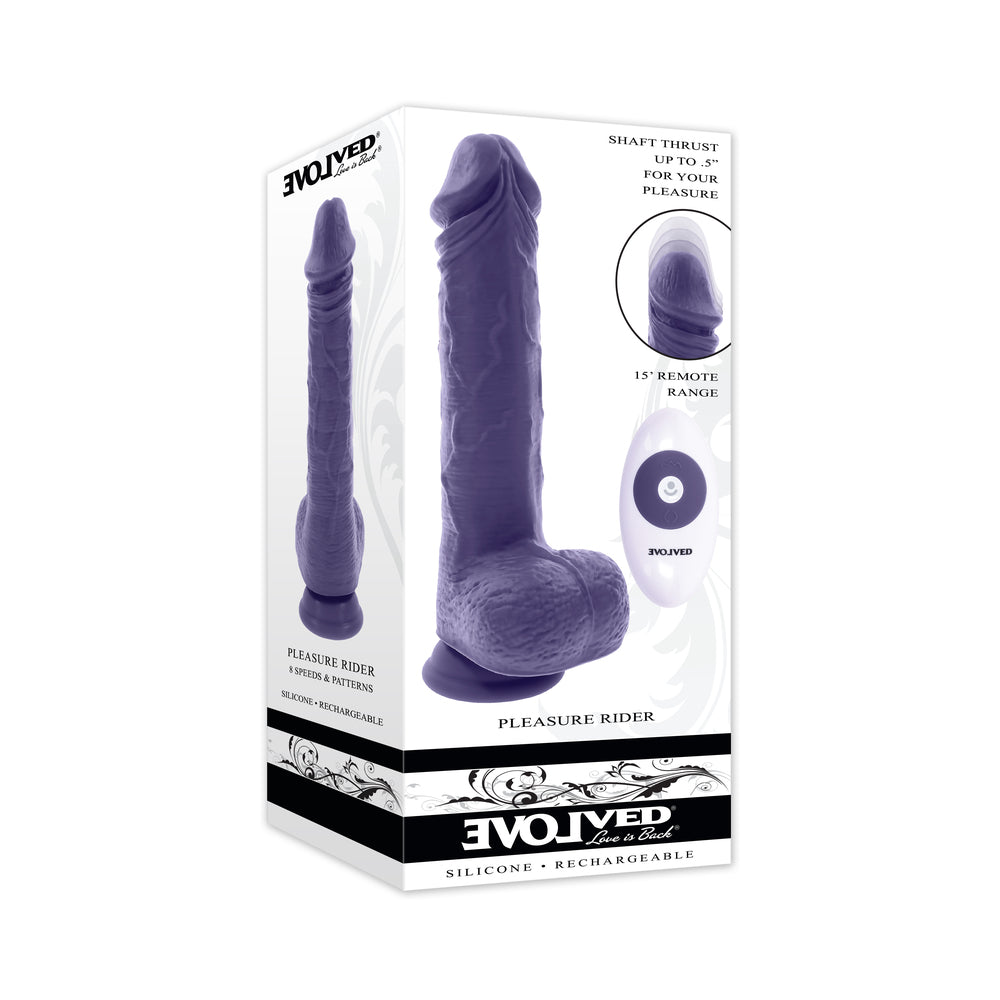 EVOLVED PLEASURE RIDER RECHARGEABLE DILDO WITH REMOTE SILICONE PURPLE