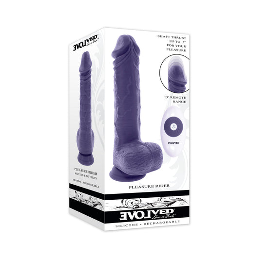 EVOLVED PLEASURE RIDER RECHARGEABLE DILDO WITH REMOTE SILICONE PURPLE