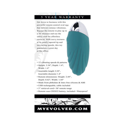 EVOLVED - HUEVO VIBRADOR RECARGABLE OVAL OFFICE CON CONTROL REMOTO SILICONA VERDE AGUA