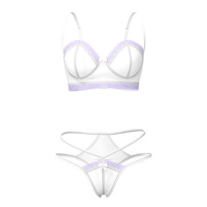 MAGIC SILK SHEER PASSION DEMI BRA & HIGH CUT TANGA WHITE/LAVENDER S/M