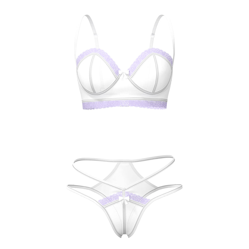 MAGIC SILK SHEER PASSION DEMI BRA & HIGH CUT TANGA WHITE/LAVENDER QUEEN SIZE
