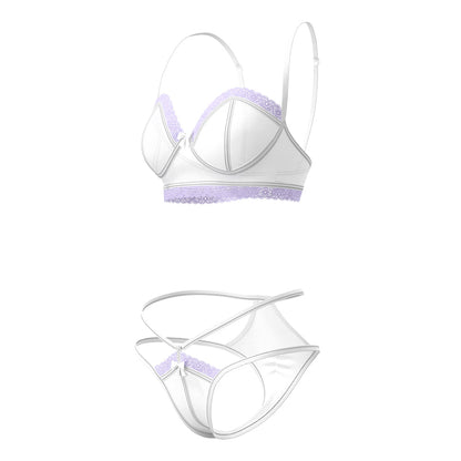 MAGIC SILK SHEER PASSION DEMI BRA & HIGH CUT TANGA WHITE/LAVENDER QUEEN SIZE