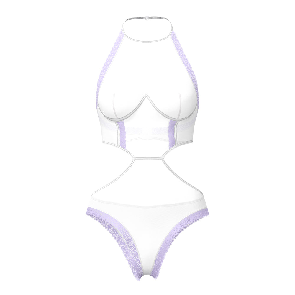MAGIC SILK - SHEER PASSION HALTER TEDDY WHITE/LAVENDER L/XL