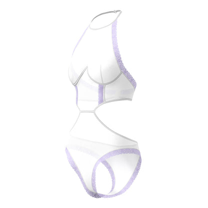 MAGIC SILK - SHEER PASSION HALTER TEDDY WHITE/LAVENDER L/XL
