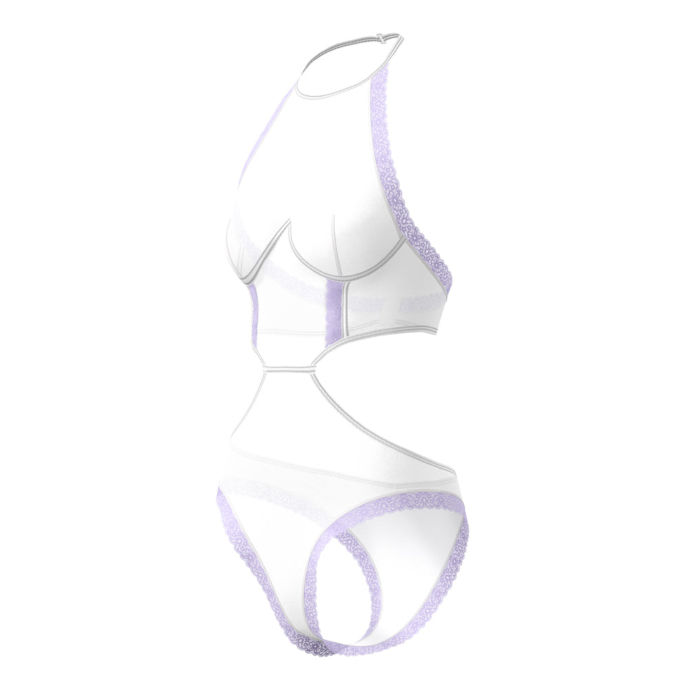 MAGIC SILK - SHEER PASSION HALTER TEDDY WHITE/LAVENDER L/XL