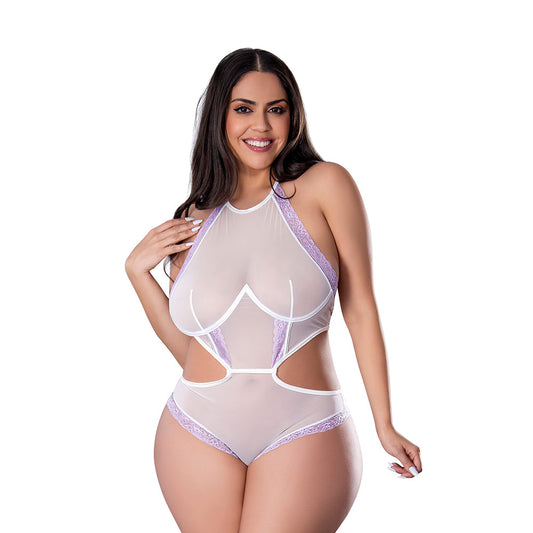 MAGIC SILK SHEER PASSION HALTER TEDDY WHITE/LAVENDER QUEEN SIZE