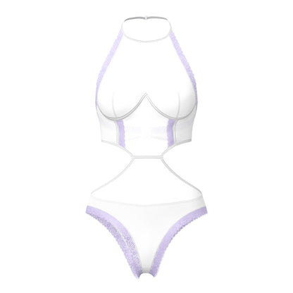 MAGIC SILK - SHEER PASSION HALTER TEDDY WHITE/LAVENDER QUEEN SIZE