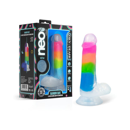 BLUSH - NEO ELITE GLOW-IN-THE-DARK RAINBOW RAVE 6.5 IN. SILICONE DUAL DENSITY DILDO