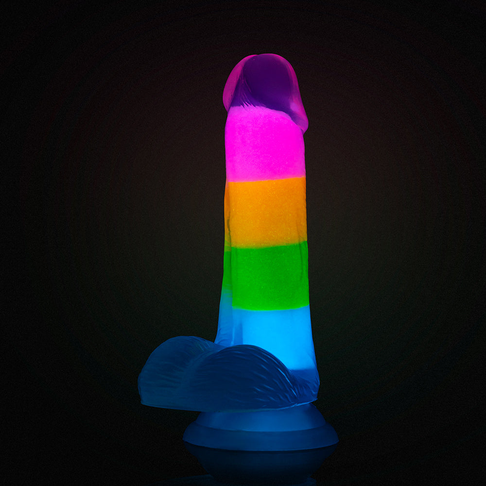 NEO ELITE GLOW-IN-THE-DARK RAINBOW RAVE 6.5 IN. SILICONE DUAL DENSITY DILDO