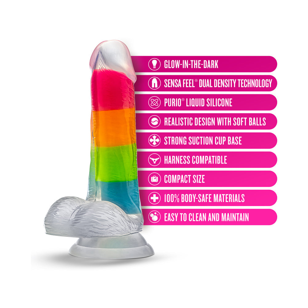 NEO ELITE GLOW-IN-THE-DARK RAINBOW RAVE 6.5 IN. SILICONE DUAL DENSITY DILDO
