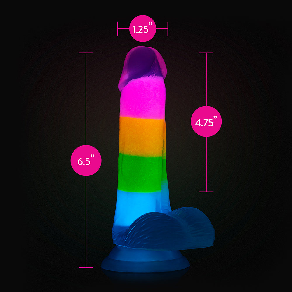 NEO ELITE GLOW-IN-THE-DARK RAINBOW RAVE 6.5 IN. SILICONE DUAL DENSITY DILDO