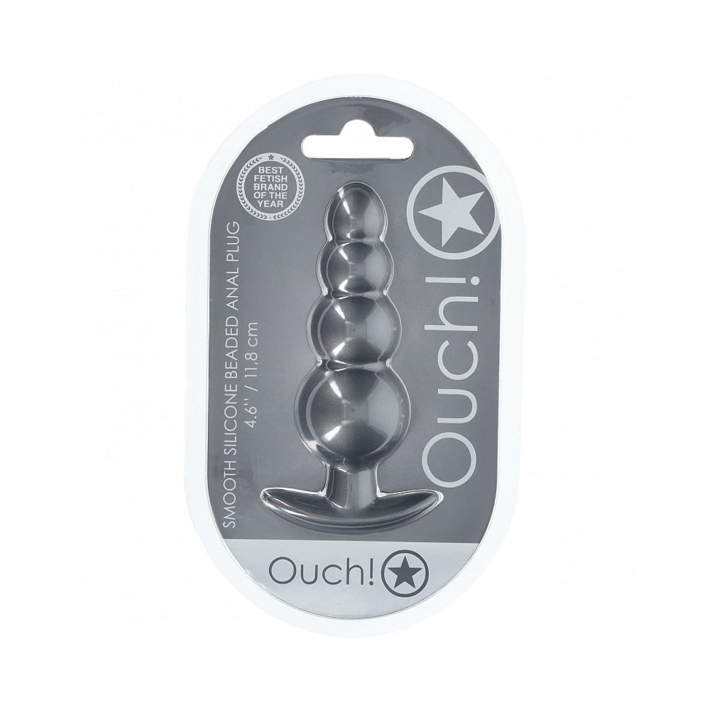 OUCH! SMOOTH SILICONE BEADED ANAL PLUG 4.6 IN. GUN METAL
