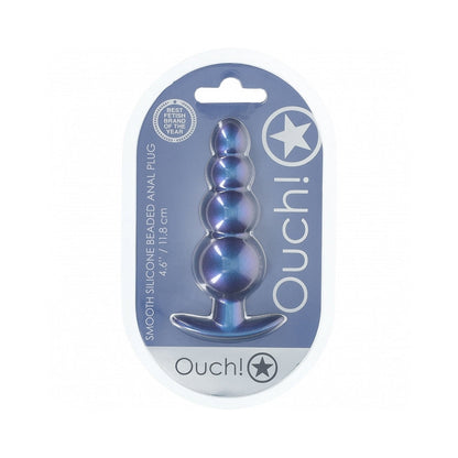 OUCH! SMOOTH SILICONE BEADED ANAL PLUG 4.6 IN. METALLIC BLUE