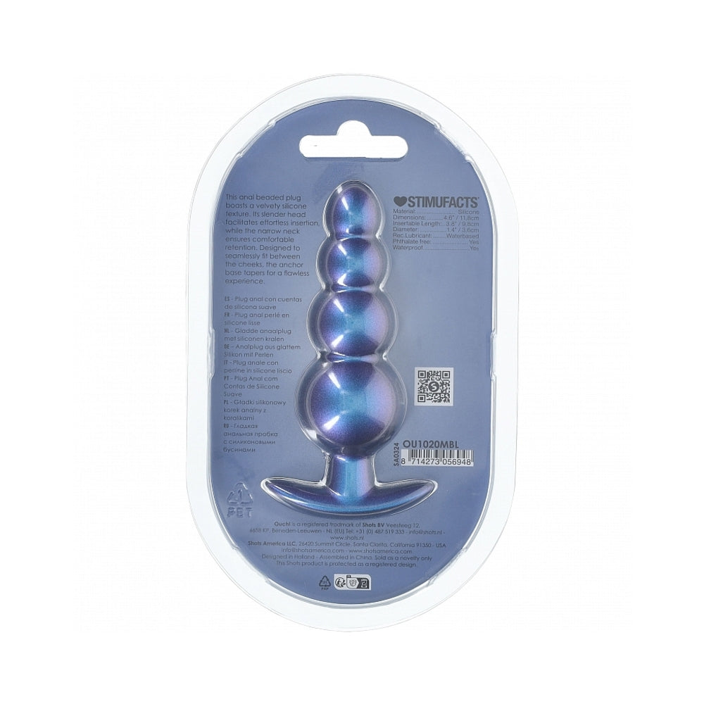 OUCH! SMOOTH SILICONE BEADED ANAL PLUG 4.6 IN. METALLIC BLUE