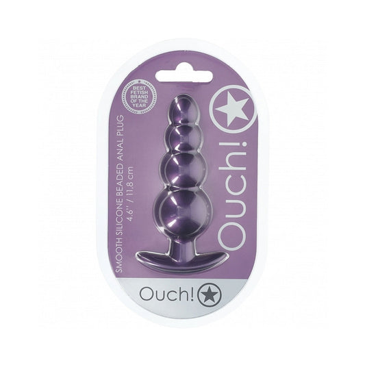 OUCH! SMOOTH SILICONE BEADED ANAL PLUG 4.6 IN. METALLIC PURPLE