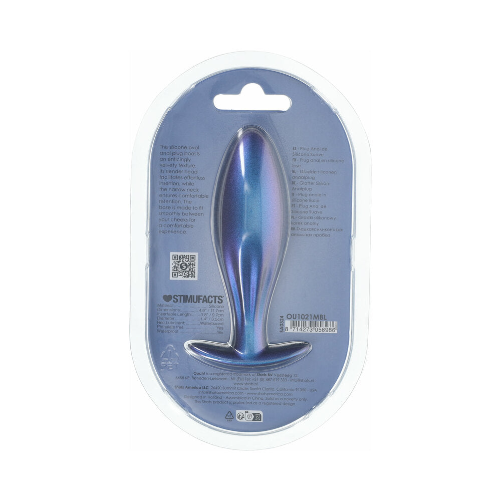 OUCH! SMOOTH SILICONE OVAL ANAL PLUG 4.6 IN. METALLIC BLUE